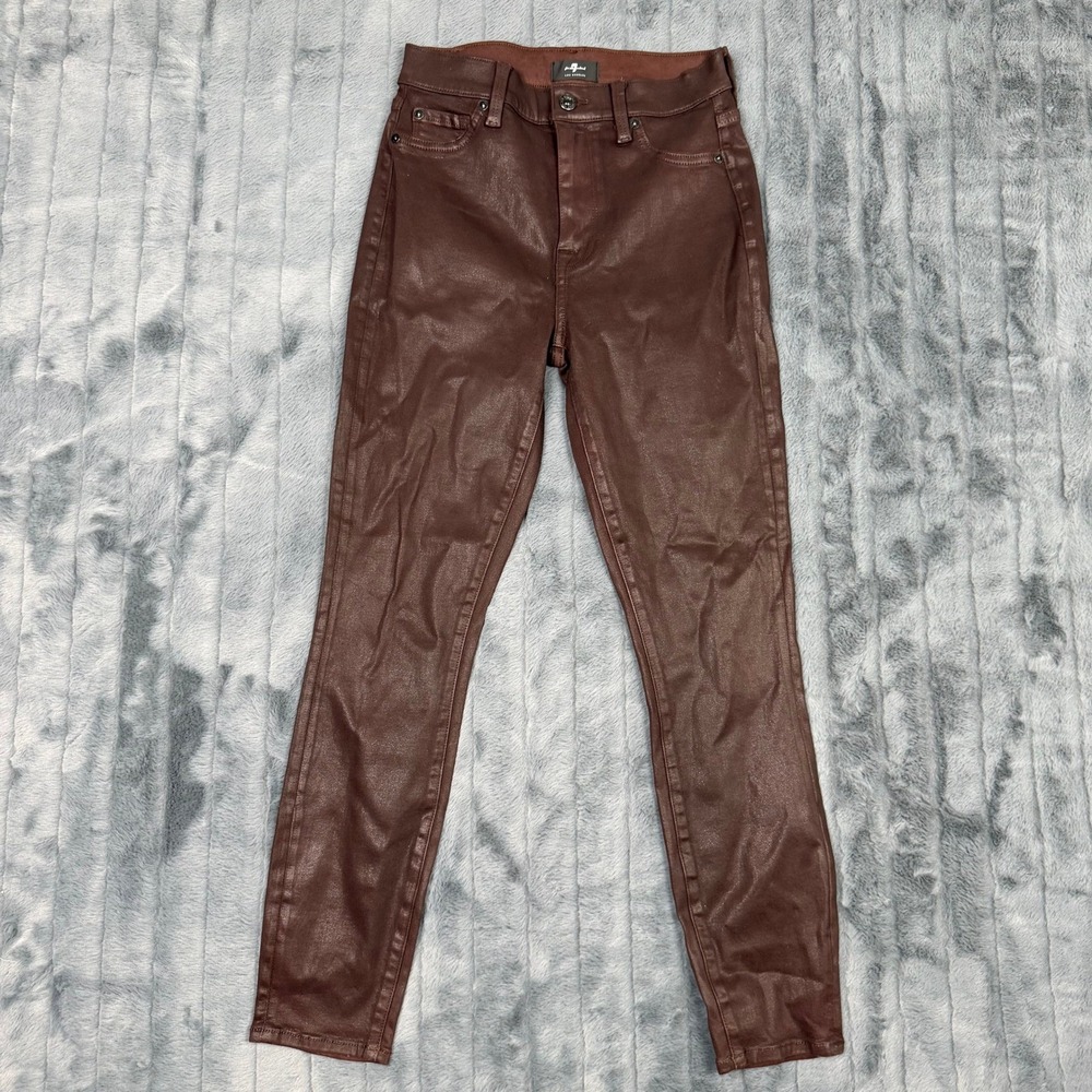 7 For All Mankind Brown Coated Skinny Jeans High Rise 26 Chocolate Faux Leather